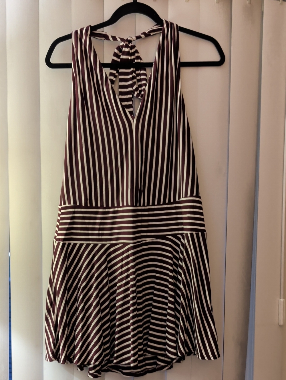 Free People Striped V-Neck Halter Dress in Maroon and White, L
